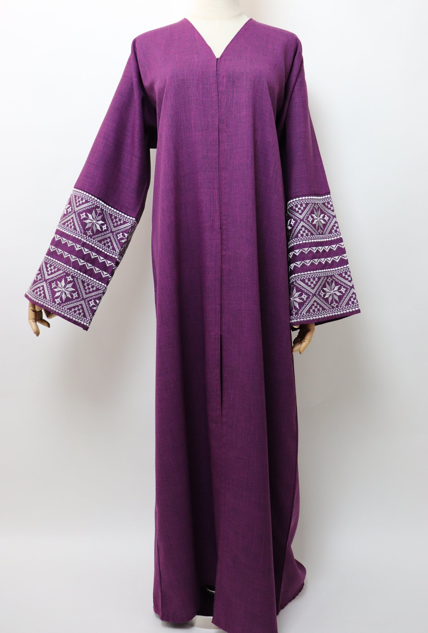 Linen Button Up Embroidery Abaya - Plum