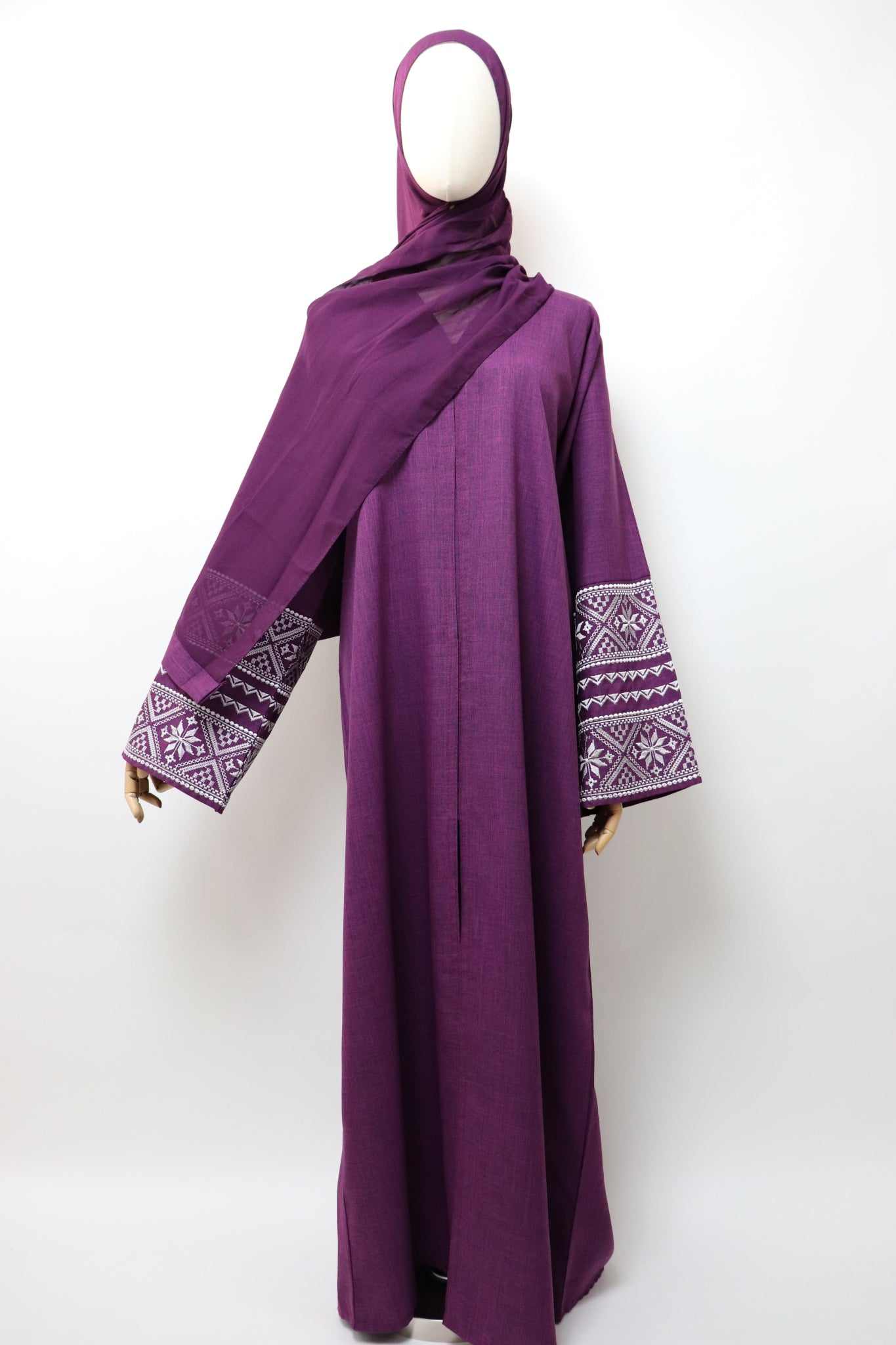 Linen Button Up Embroidery Abaya - Plum