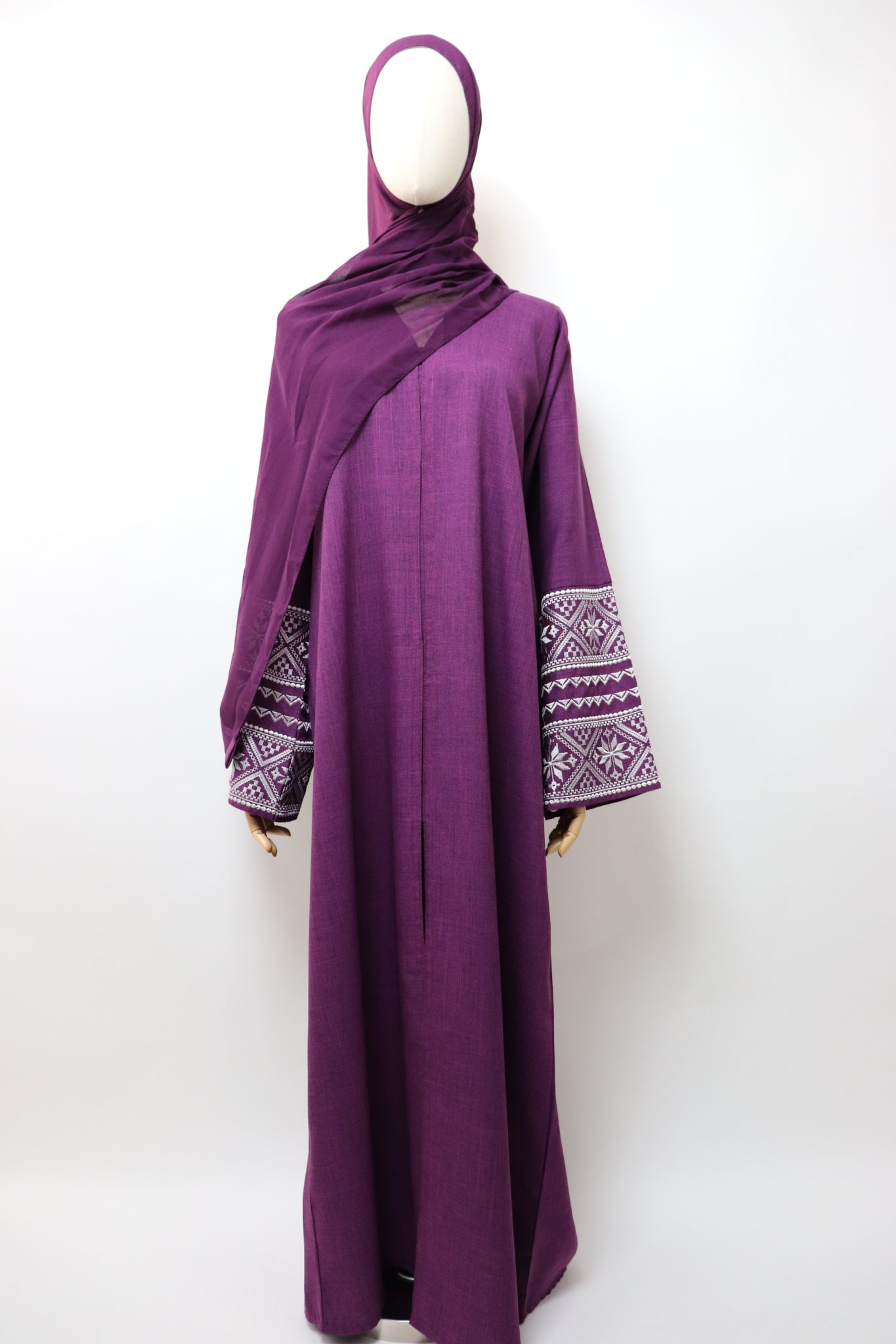 Linen Button Up Embroidery Abaya - Plum
