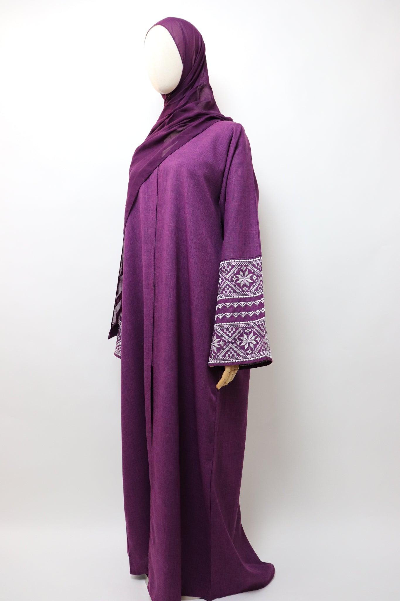 Linen Button Up Embroidery Abaya - Plum
