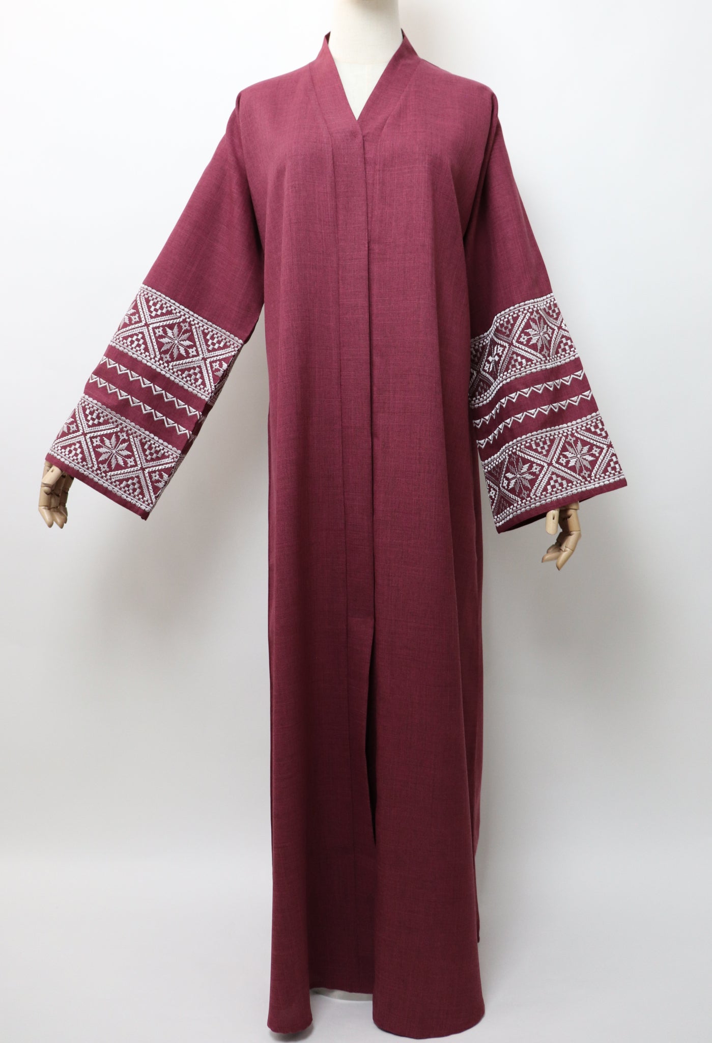 Linen Button Up Embroidery Abaya - Berry Red