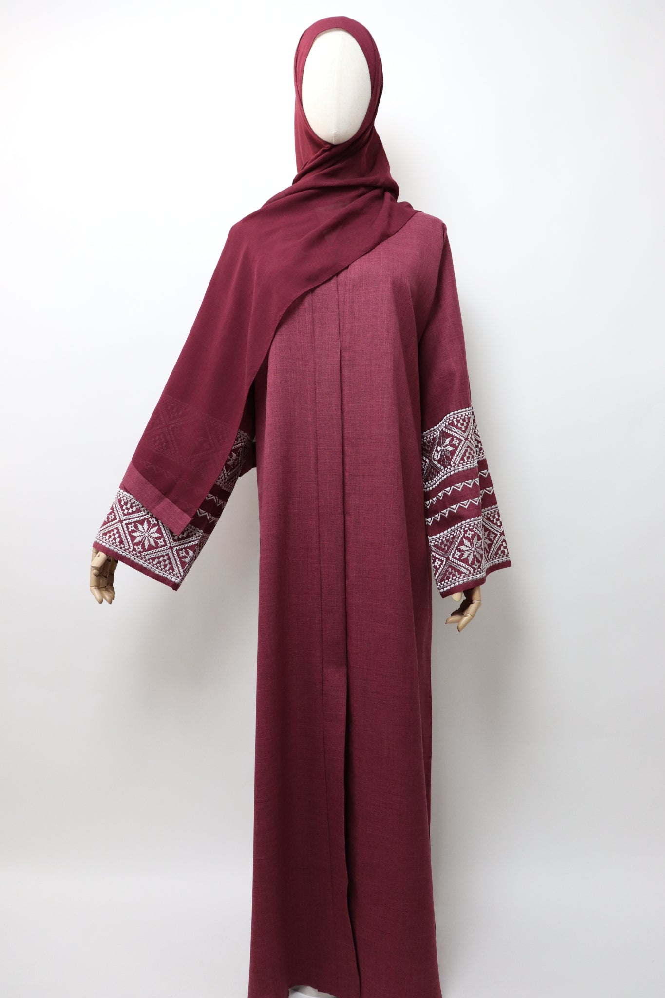 Linen Button Up Embroidery Abaya - Berry Red