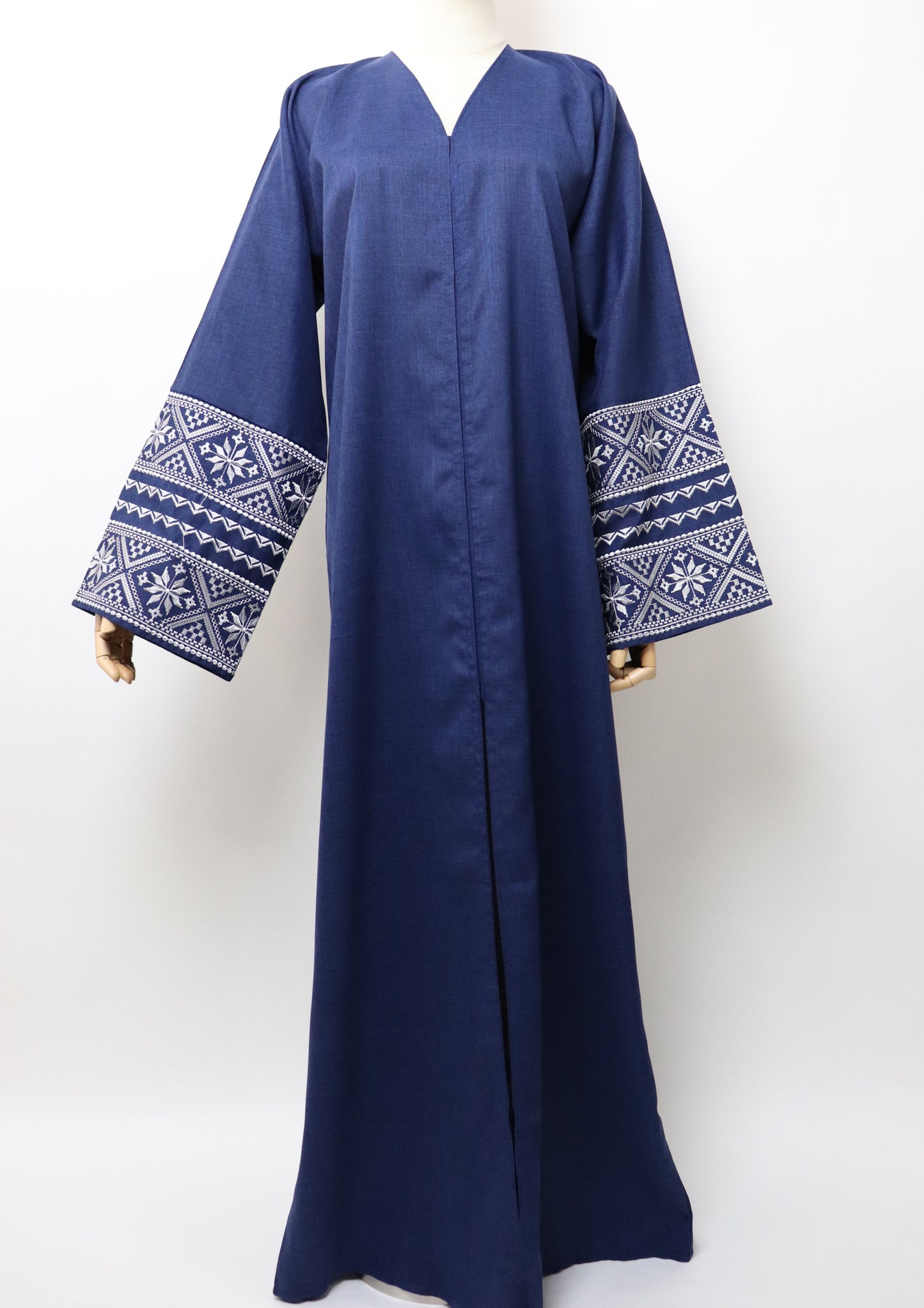 Linen Button Up Embroidery Abaya - Navy
