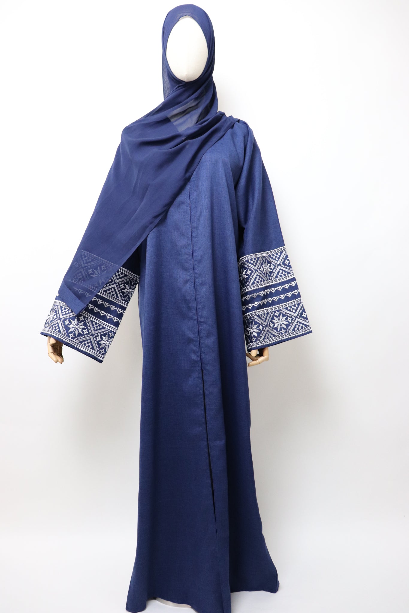 Linen Button Up Embroidery Abaya - Navy