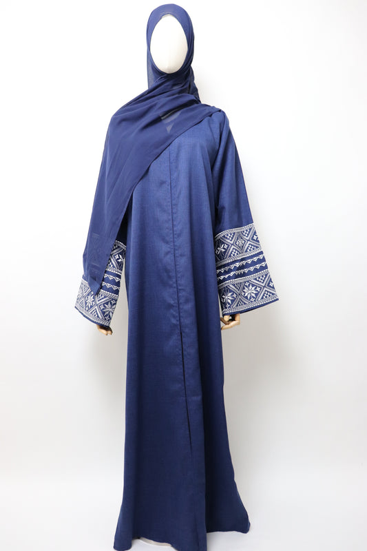 Linen Button Up Embroidery Abaya - Navy