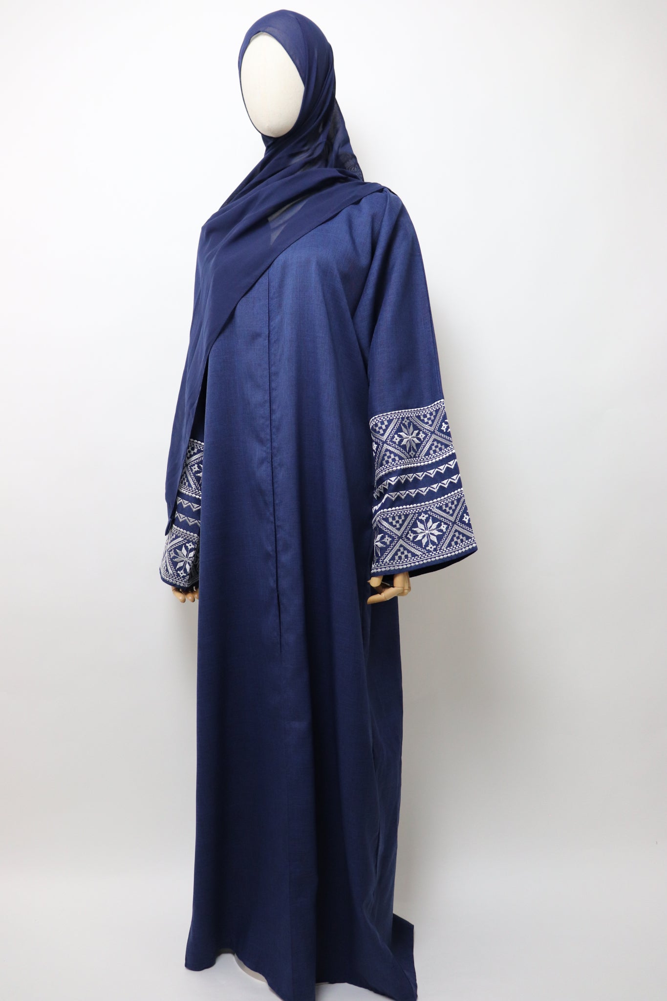 Linen Button Up Embroidery Abaya - Navy
