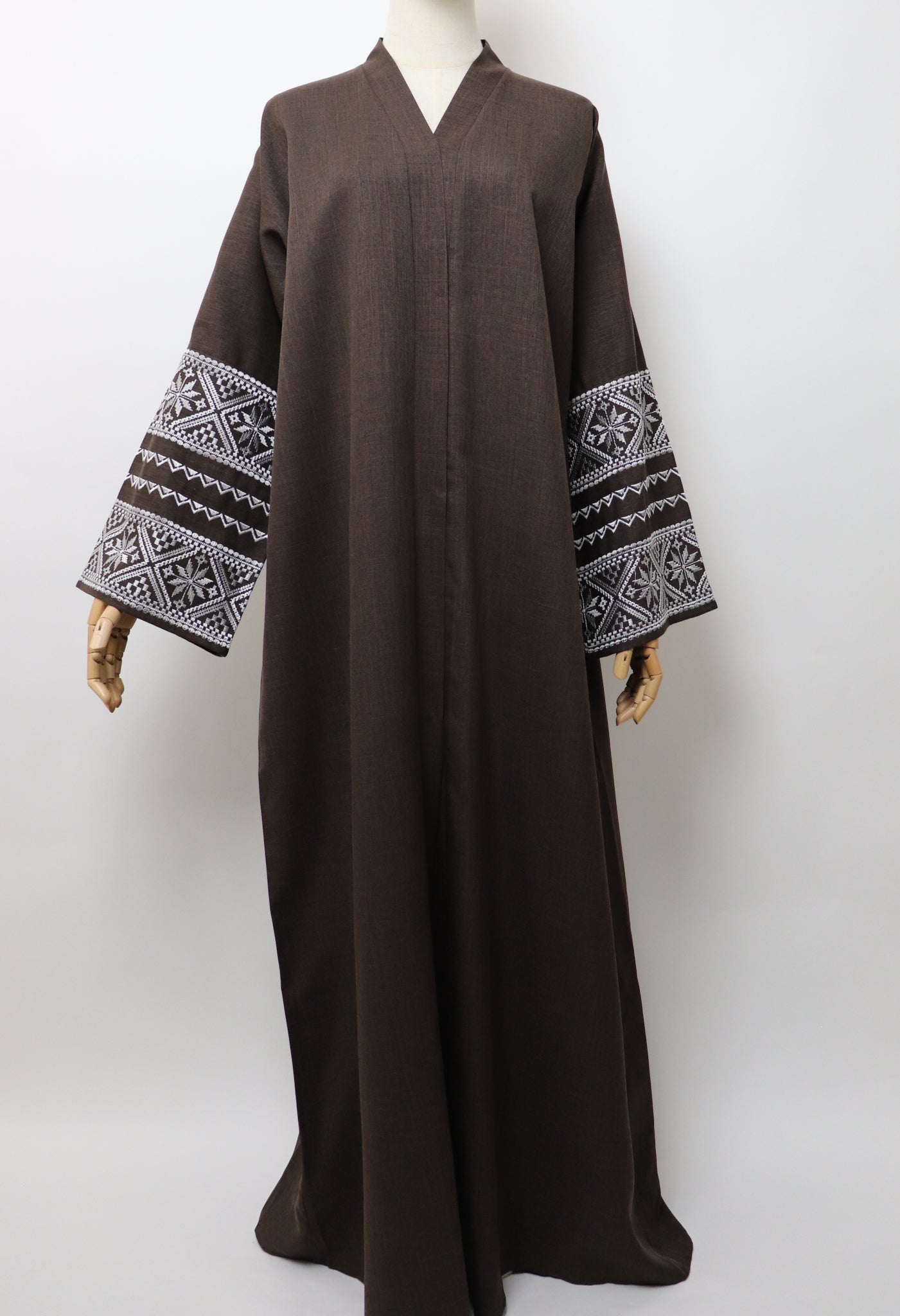 Linen Button Up Embroidery Abaya - Coffee