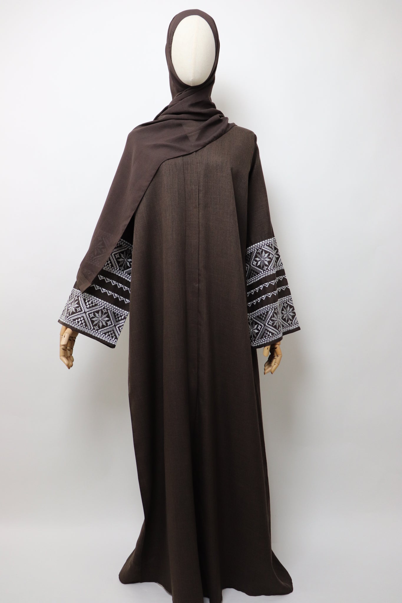 Linen Button Up Embroidery Abaya - Coffee