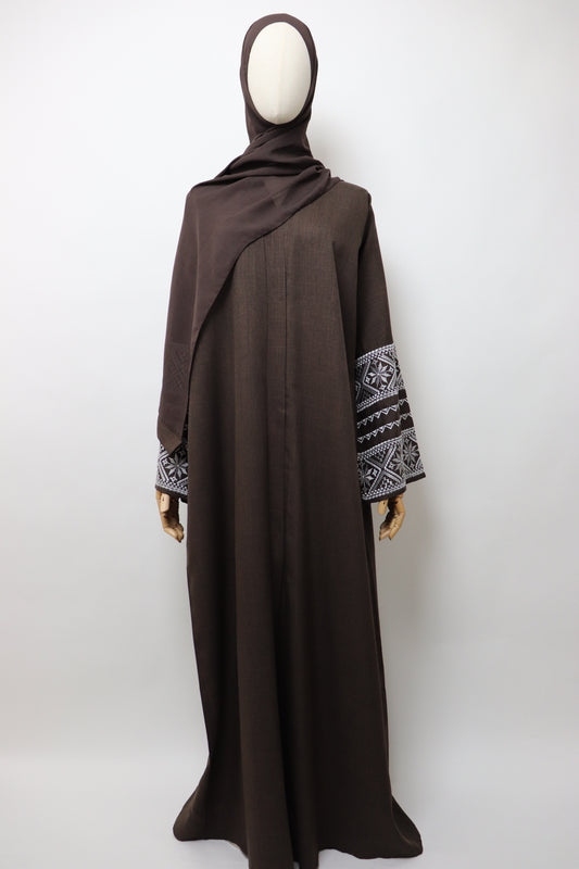 Linen Button Up Embroidery Abaya - Coffee