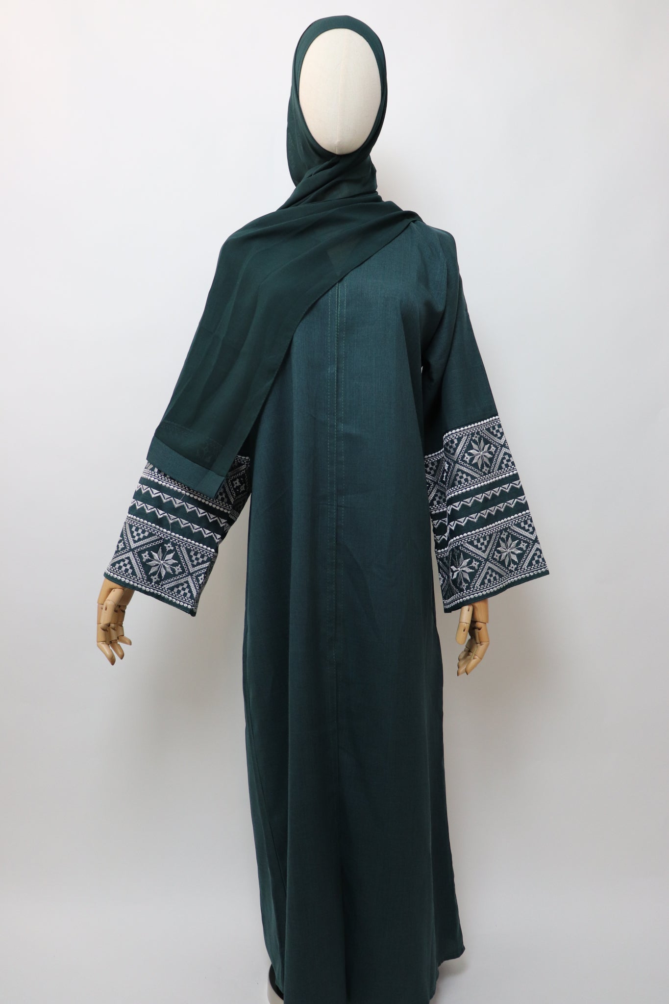Linen Button Up Embroidery Abaya - Forest