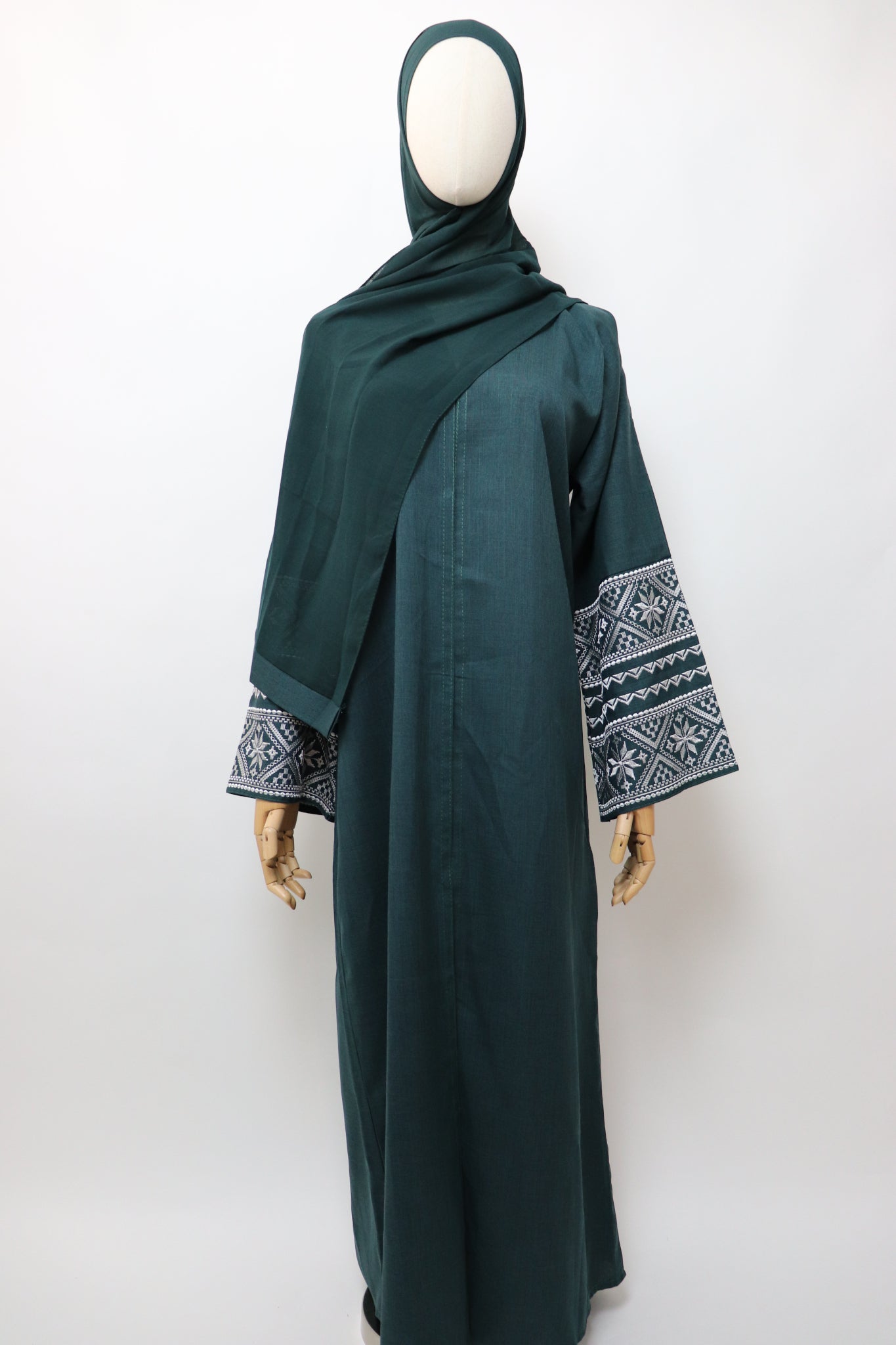 Linen Button Up Embroidery Abaya - Forest