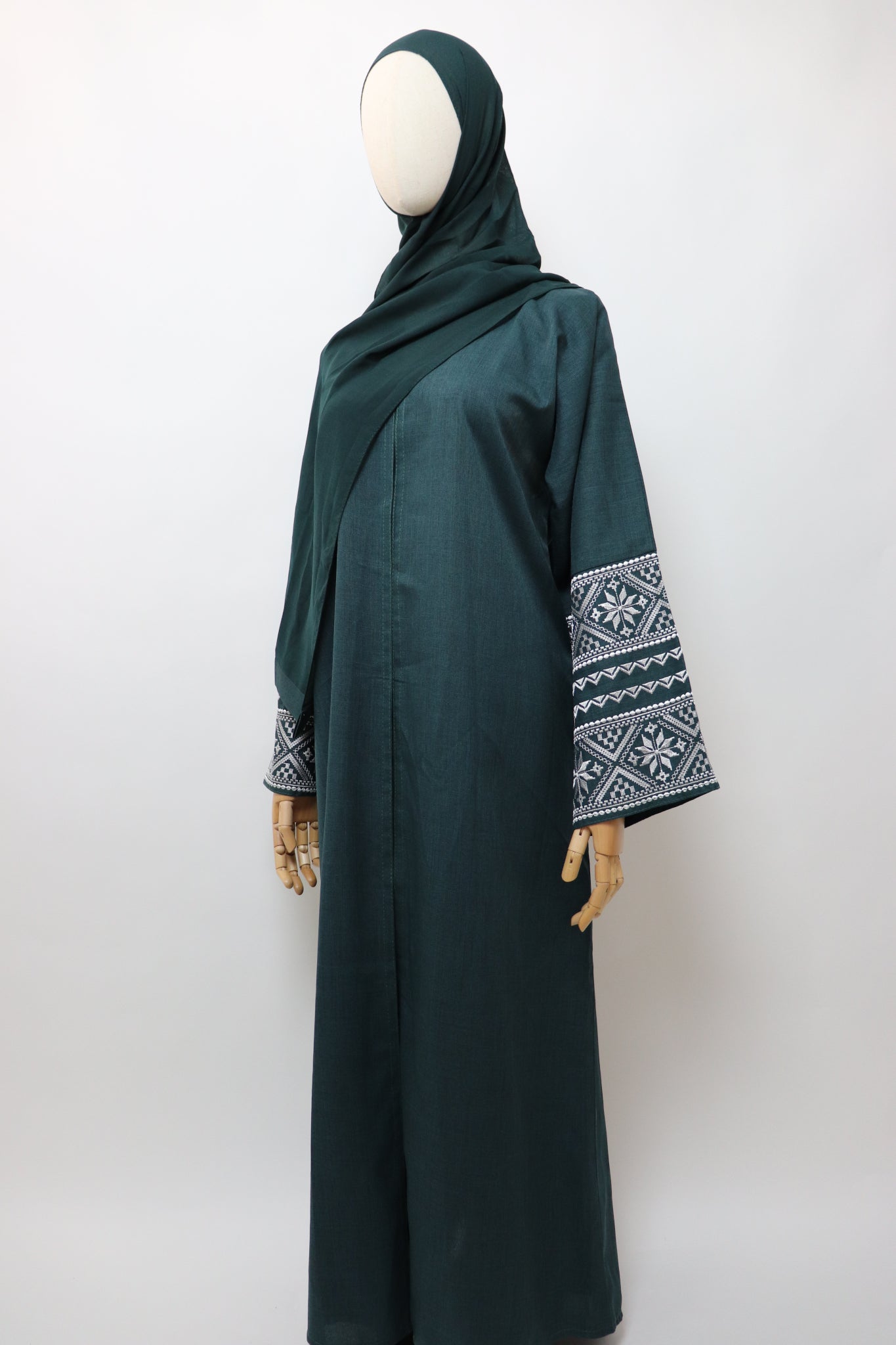 Linen Button Up Embroidery Abaya - Forest