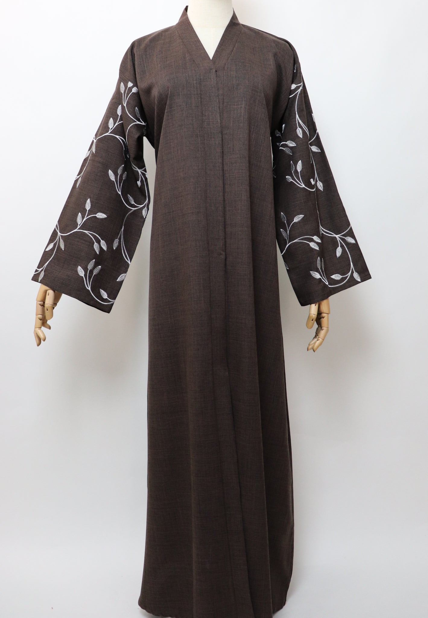 Linen Button Up Vine Embroidery Abaya - Coffee