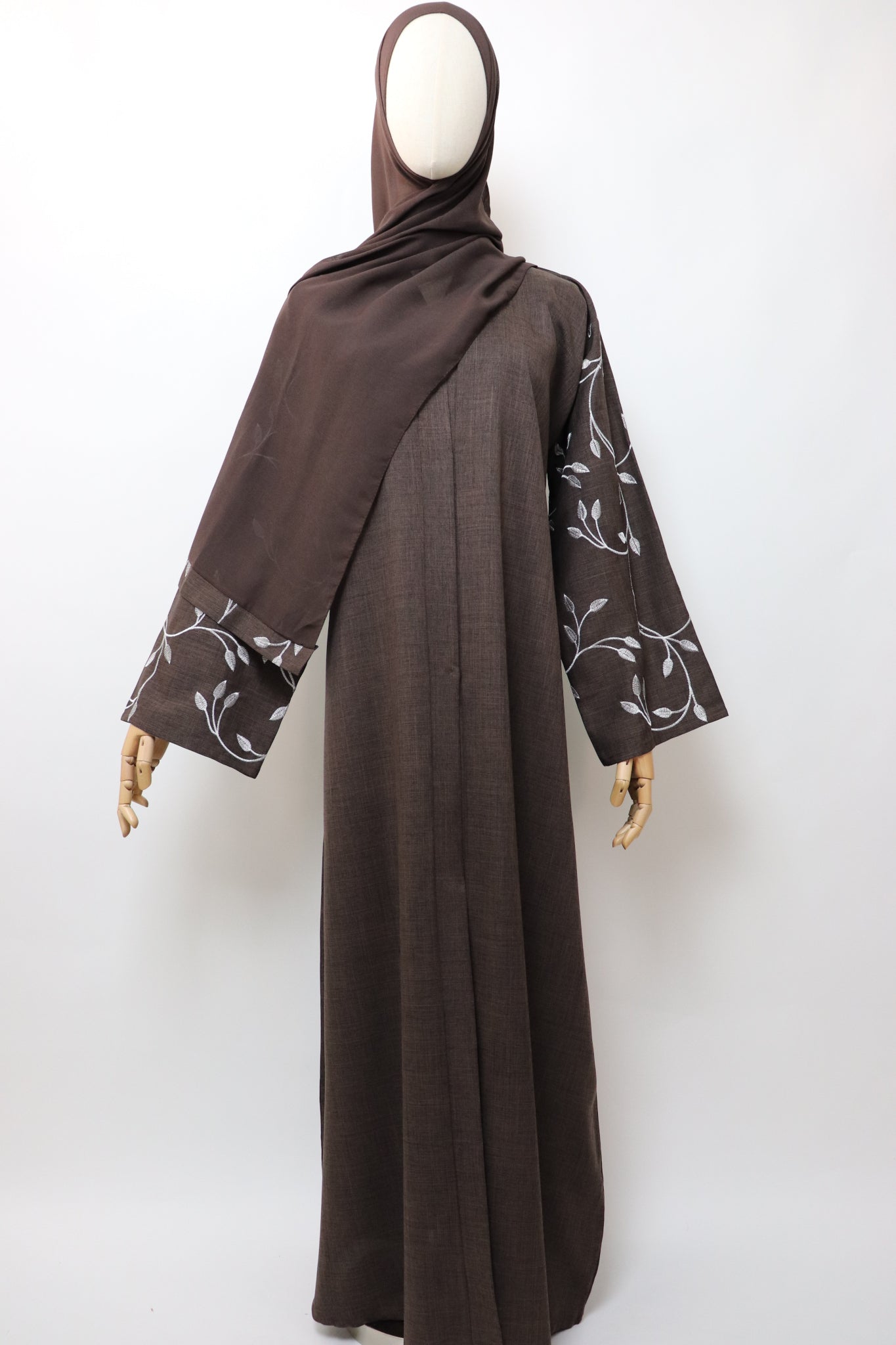 Linen Button Up Vine Embroidery Abaya - Coffee