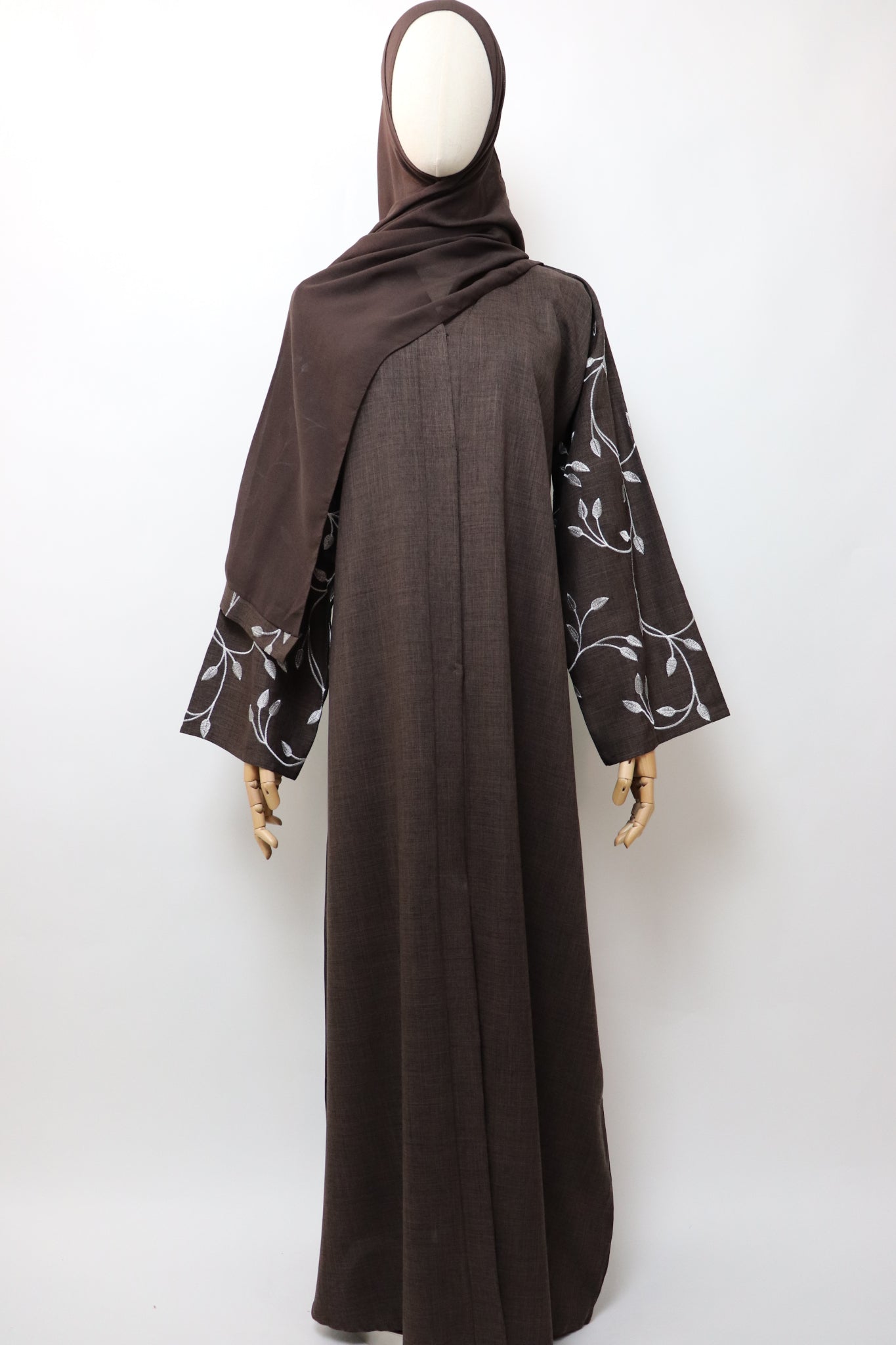 Linen Button Up Vine Embroidery Abaya - Coffee