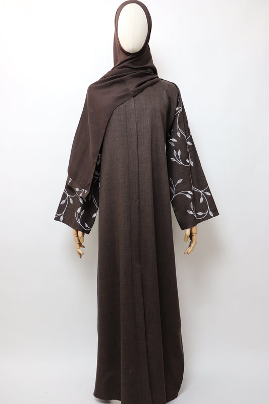 Linen Button Up Vine Embroidery Abaya - Coffee