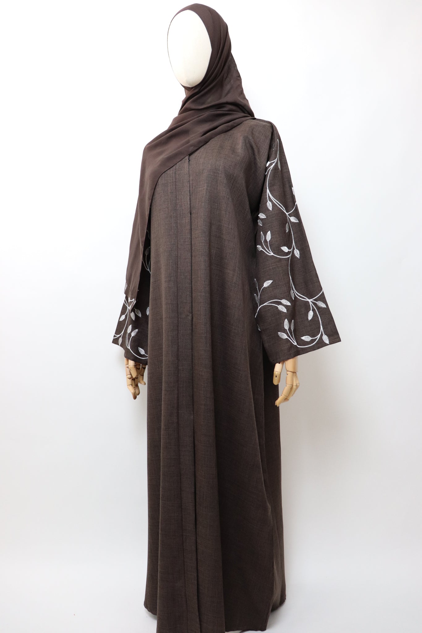 Linen Button Up Vine Embroidery Abaya - Coffee