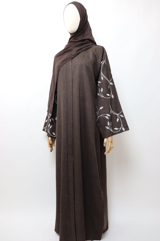 Linen Button Up Vine Embroidery Abaya - Coffee