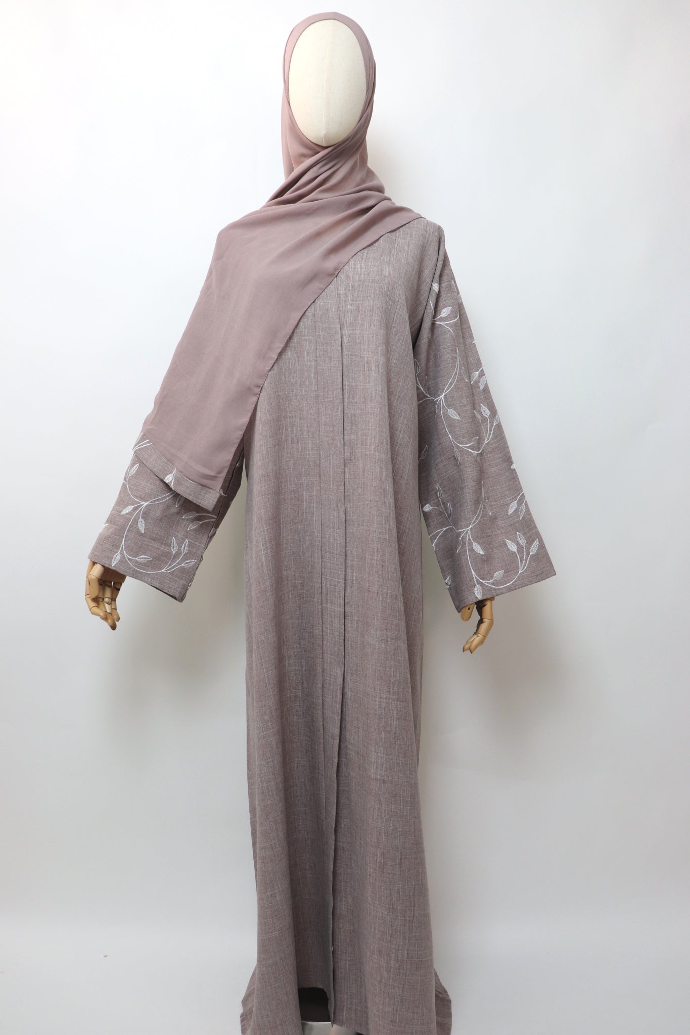 Linen Button Up Vine Embroidery Abaya - Taupe