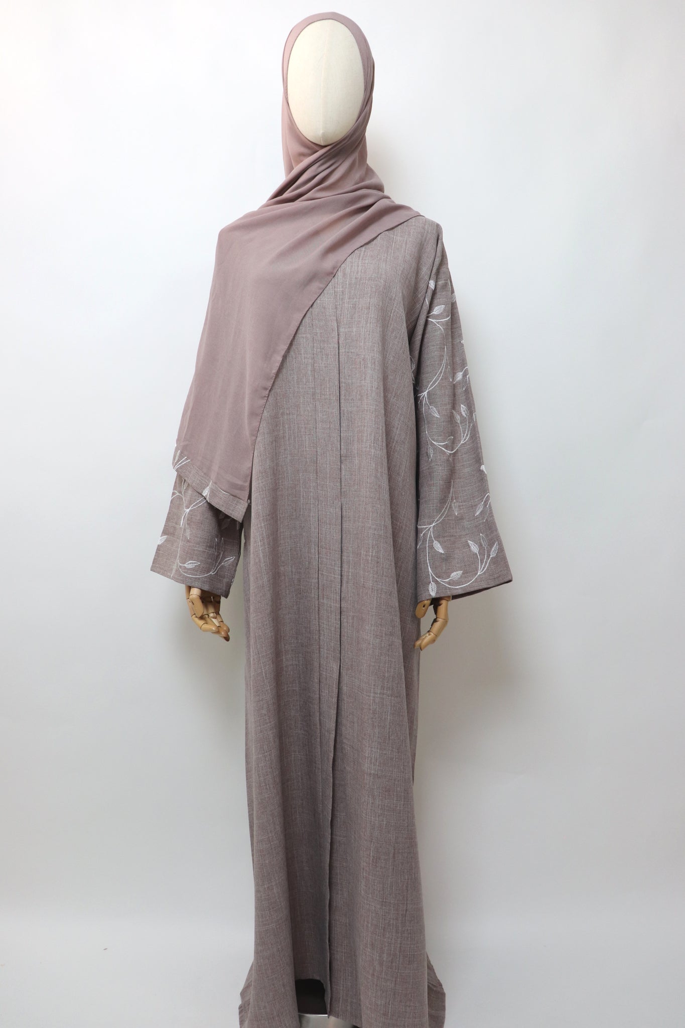 Linen Button Up Vine Embroidery Abaya - Taupe