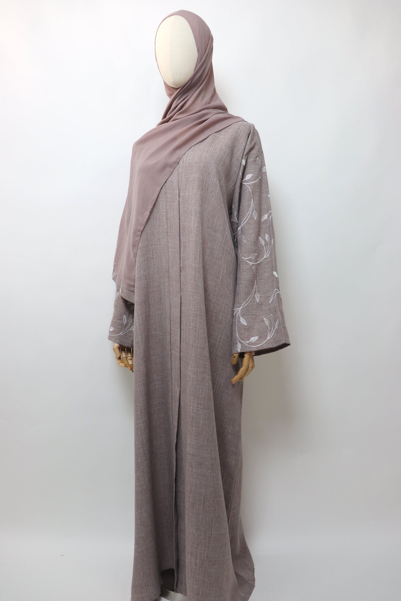 Linen Button Up Vine Embroidery Abaya - Taupe