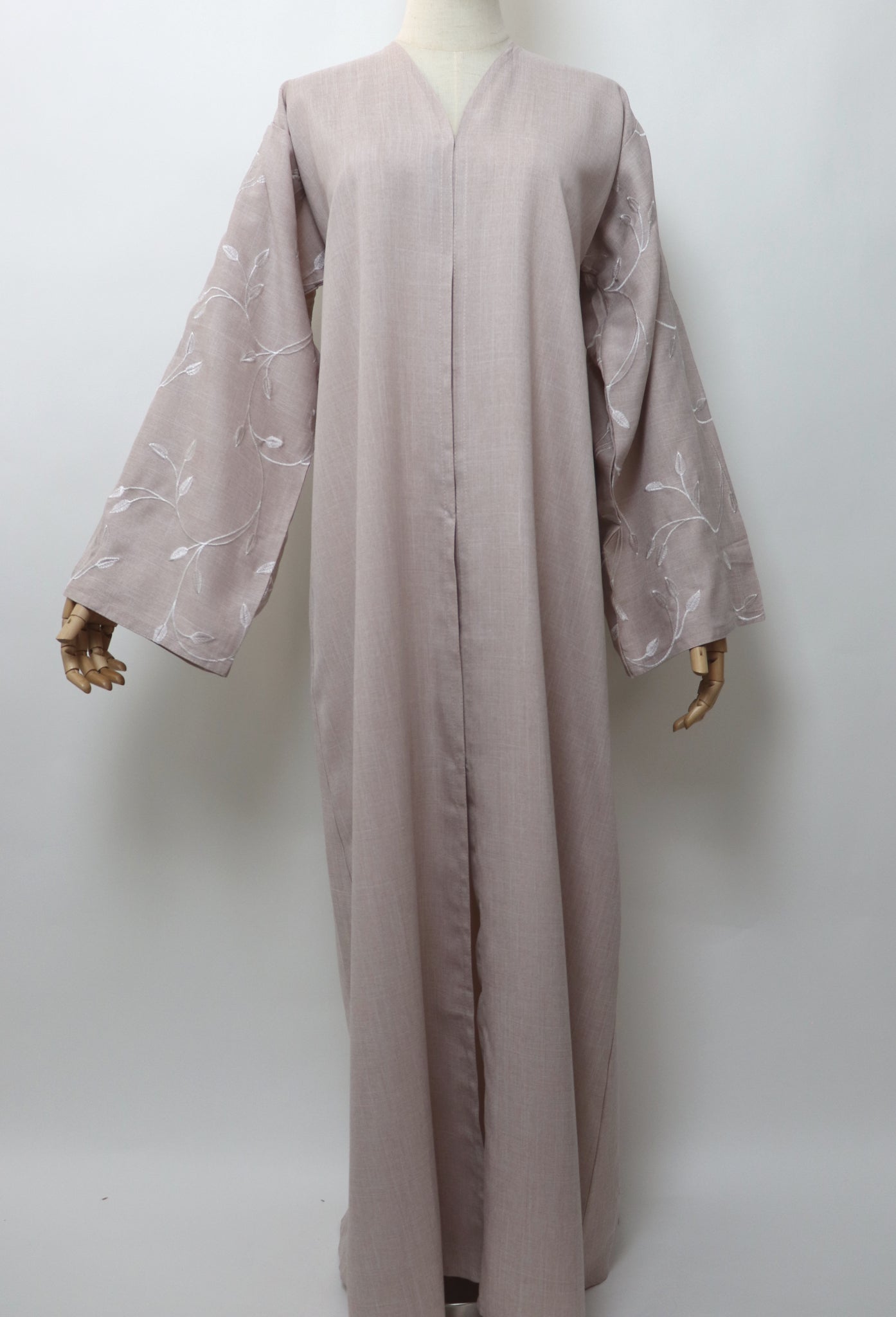 Linen Button Up Vine Embroidery Abaya - Almond