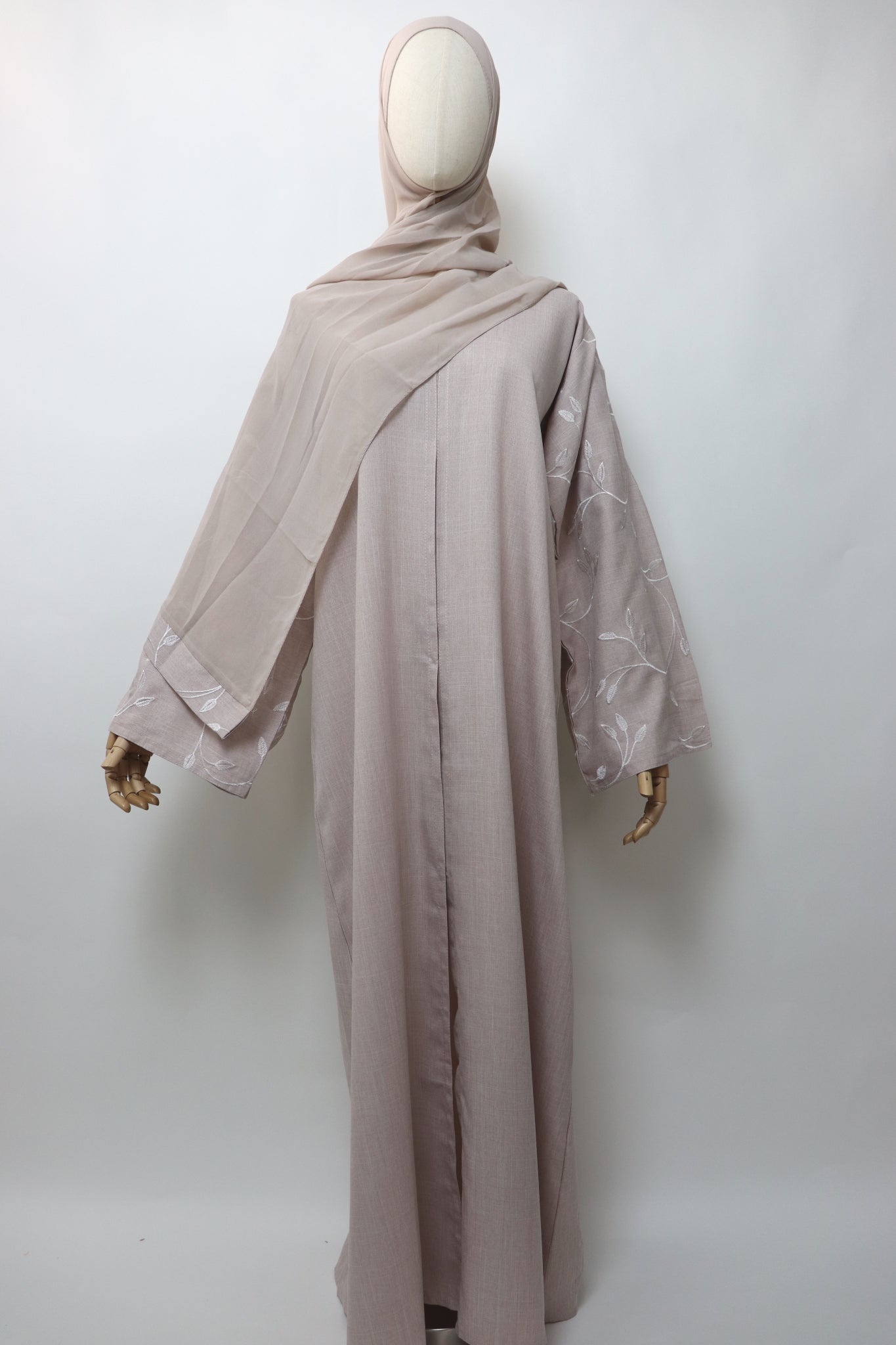 Linen Button Up Vine Embroidery Abaya - Almond