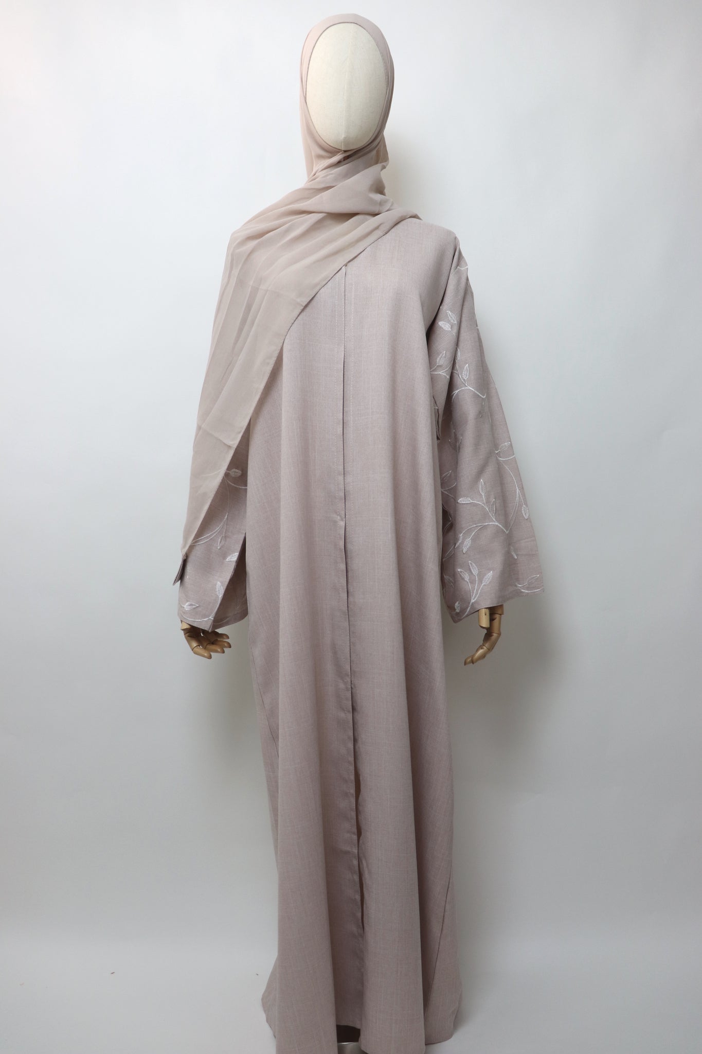 Linen Button Up Vine Embroidery Abaya - Almond