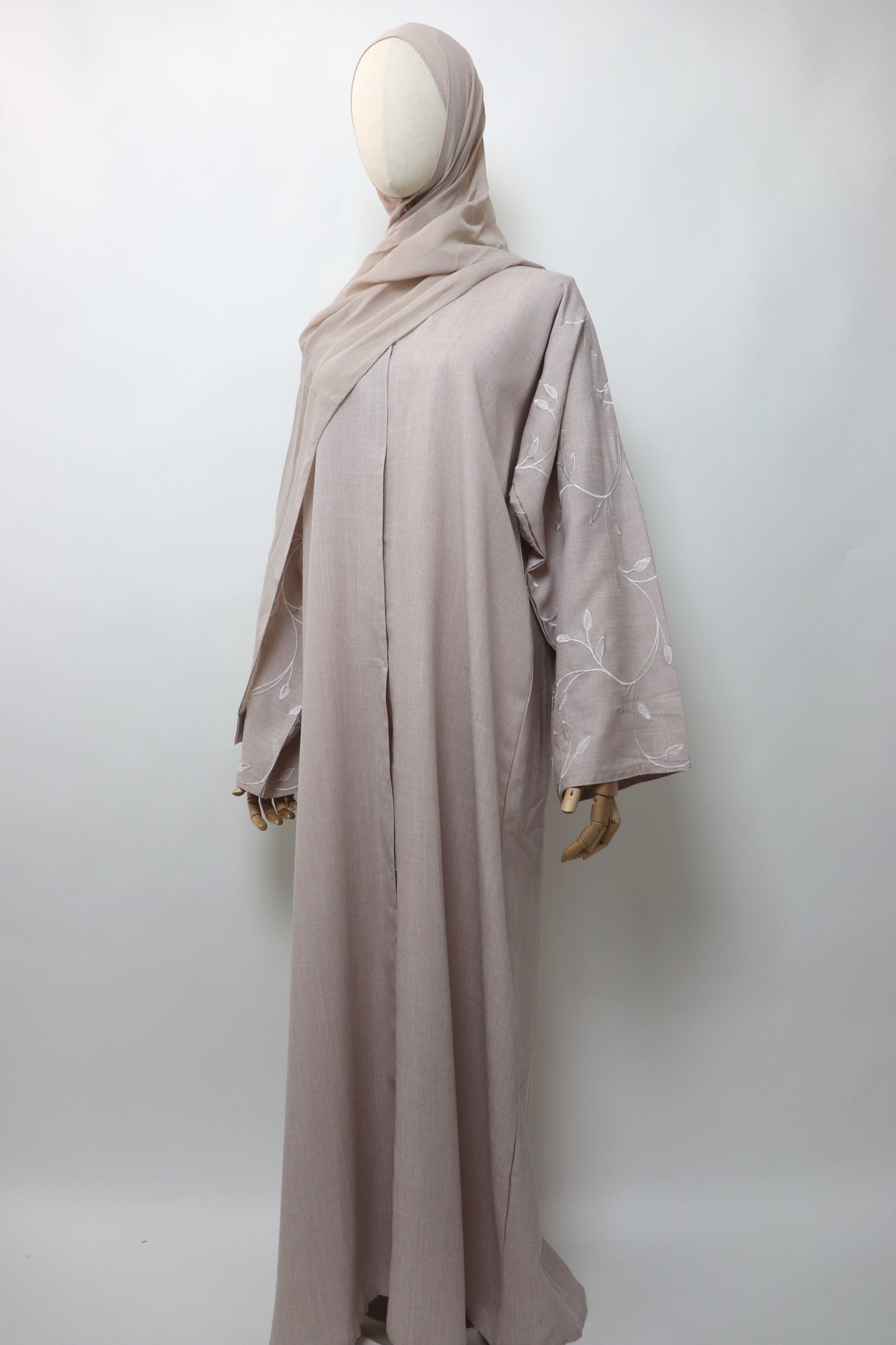 Linen Button Up Vine Embroidery Abaya - Almond