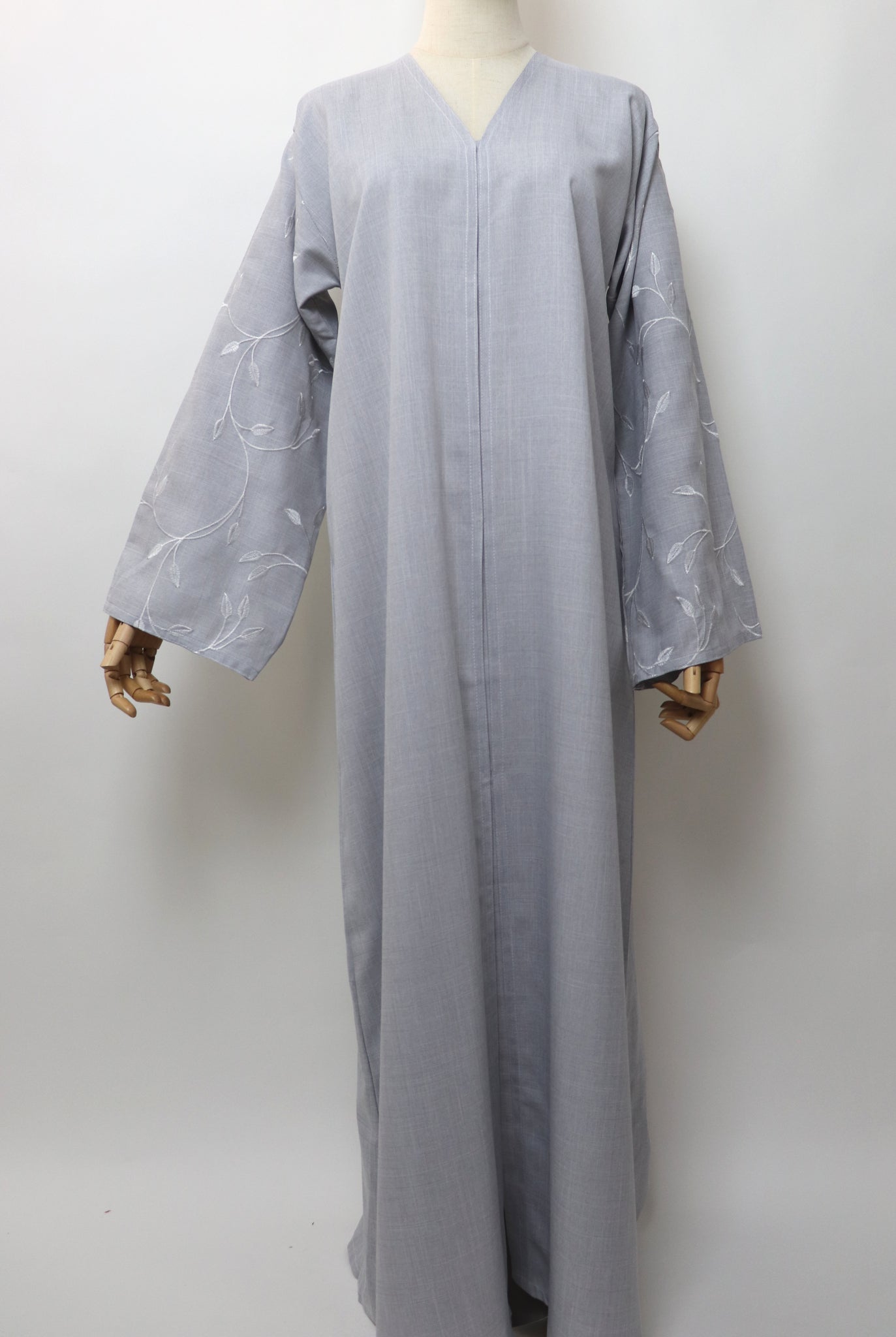 Linen Button Up Vine Embroidery Abaya - Light Gray