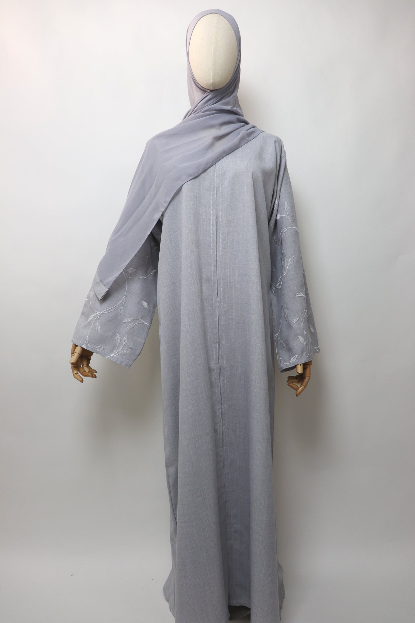 Linen Button Up Vine Embroidery Abaya - Light Gray
