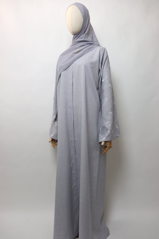 Linen Button Up Vine Embroidery Abaya - Light Gray
