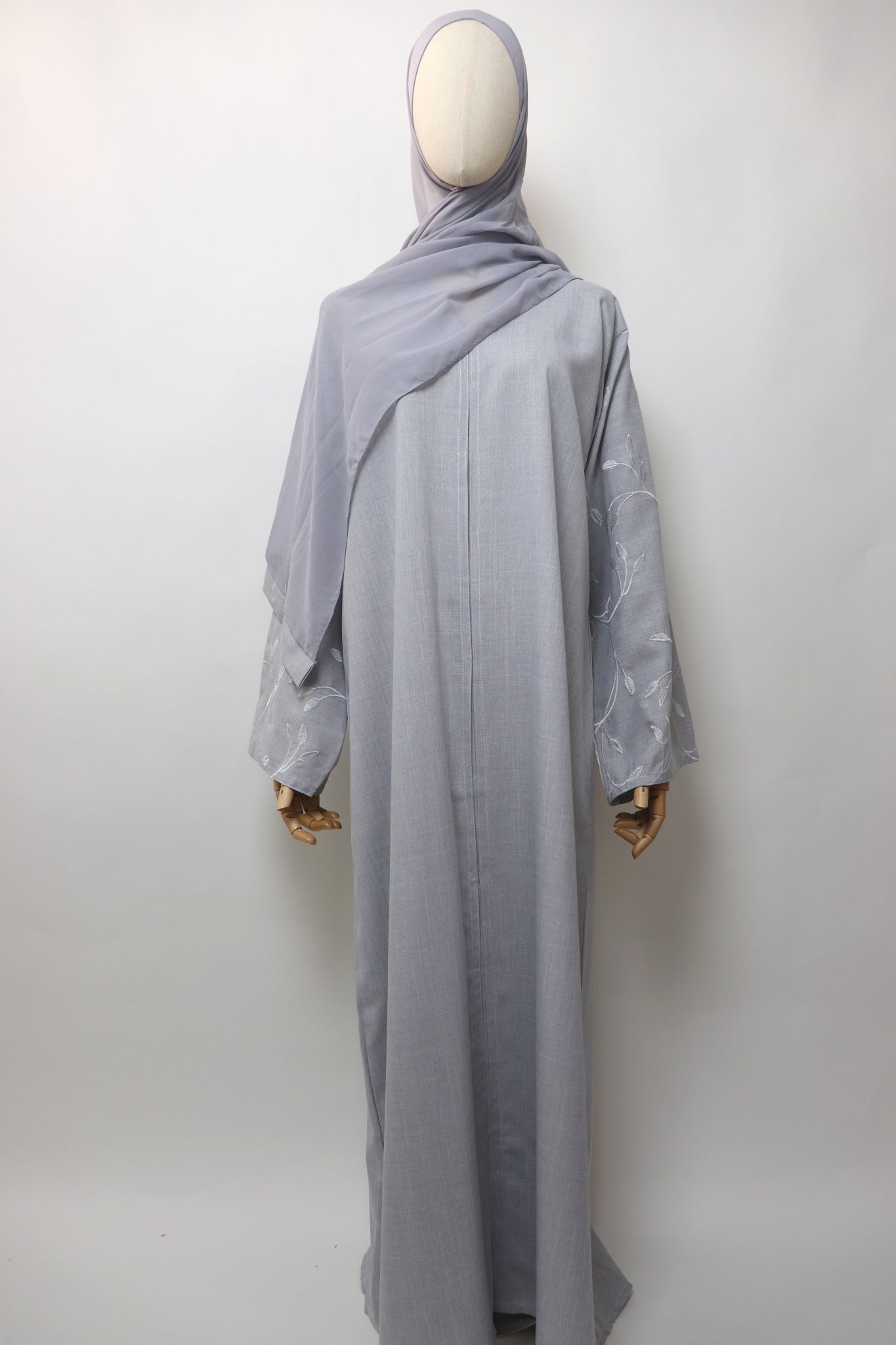 Linen Button Up Vine Embroidery Abaya - Light Gray