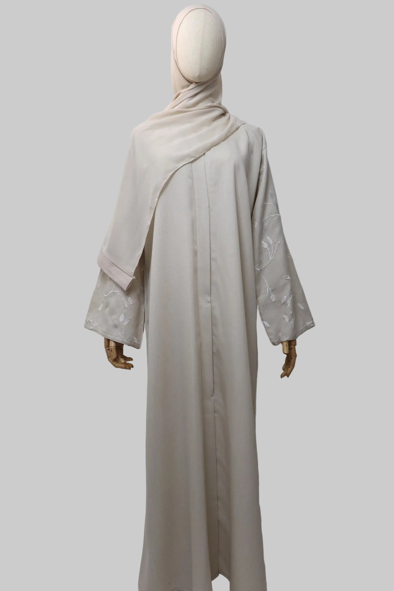 Linen Button Up Vine Embroidery Abaya - Dove