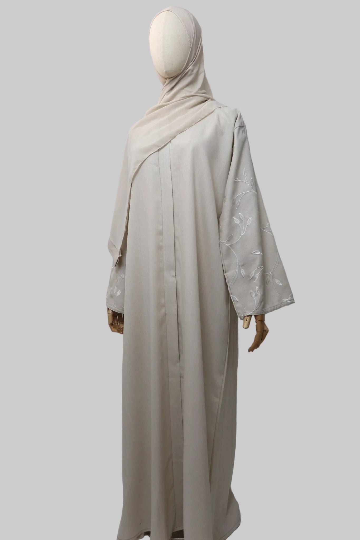Linen Button Up Vine Embroidery Abaya - Dove
