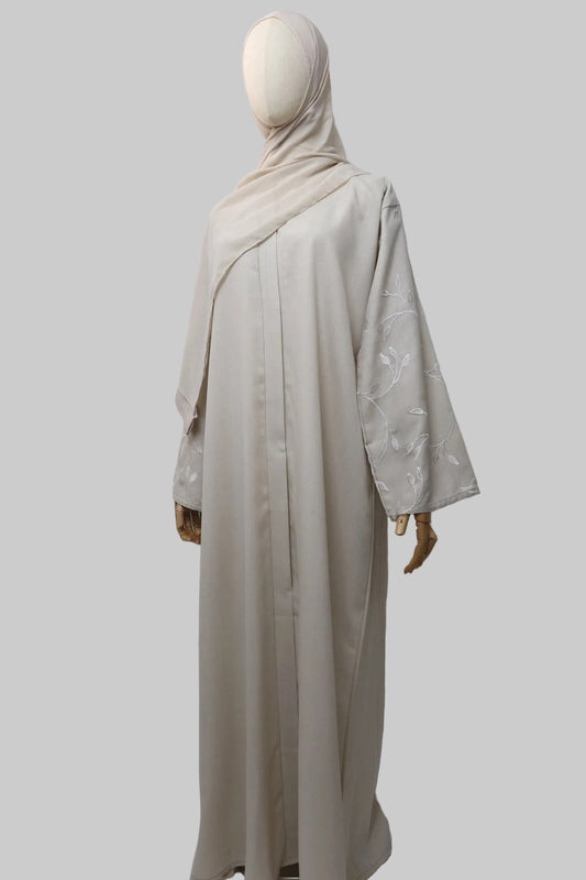 Linen Button Up Vine Embroidery Abaya - Dove