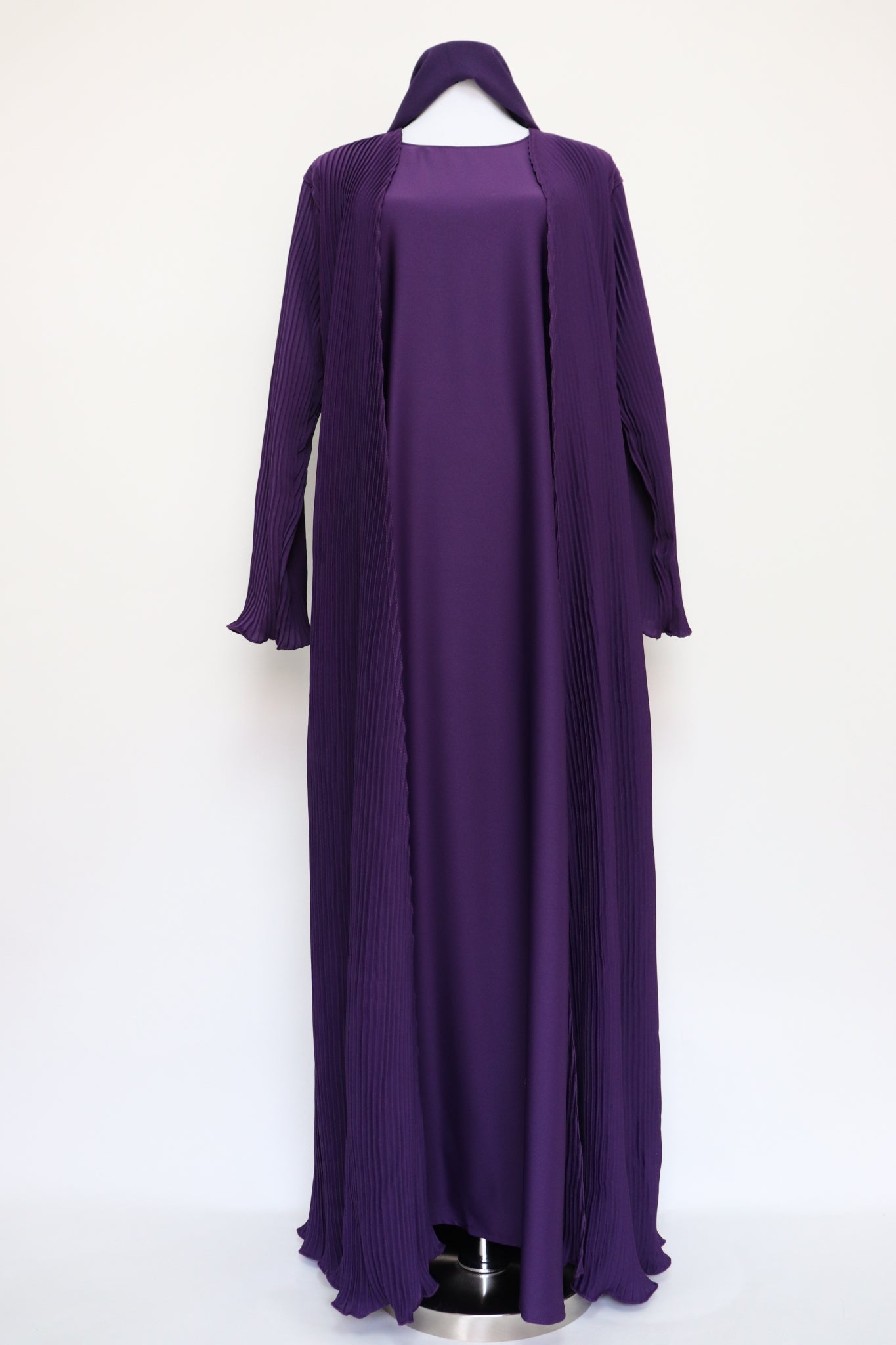3 Piece Set Open Pleated Abaya - Royal Purple