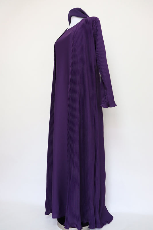 3 Piece Set Open Pleated Abaya - Royal Purple