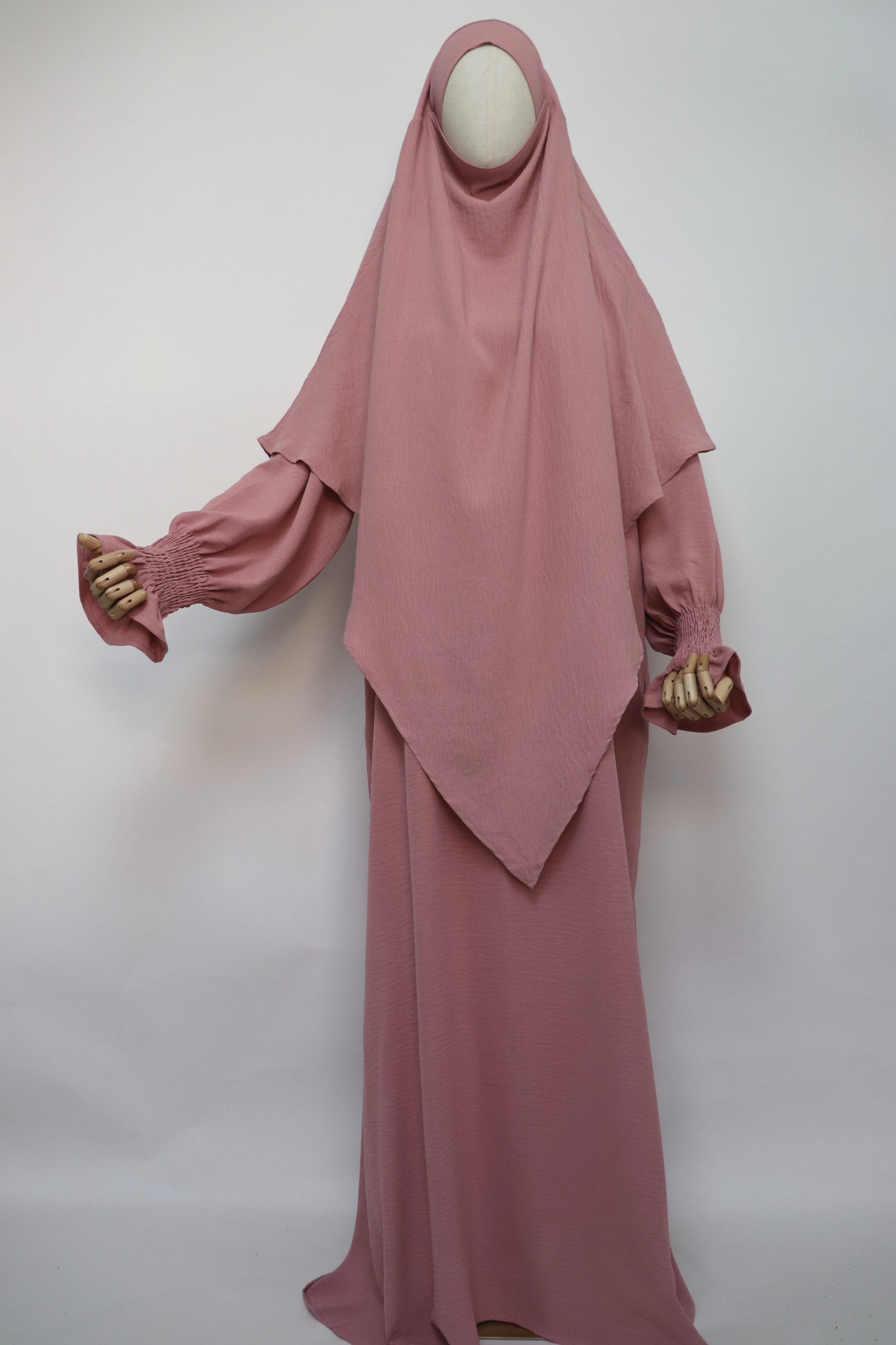 A-line Abaya Dress and Two Layer Diamond Khimar Set - Soft Pink