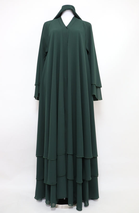 3 Layer Open Flare Chiffon Abaya - Emerald