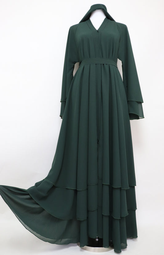 3 Layer Open Flare Chiffon Abaya - Emerald