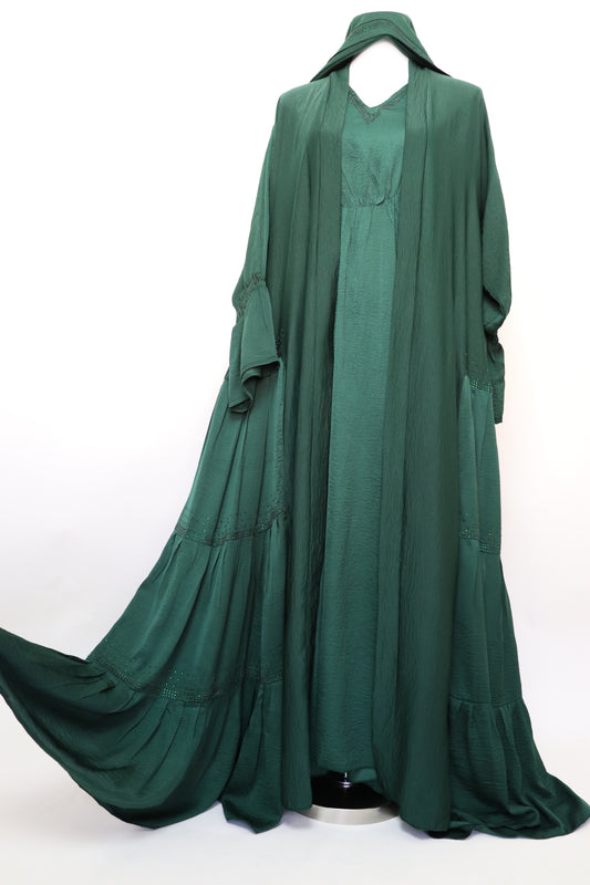 3 Piece Set Open Tiered Abaya - Emerald