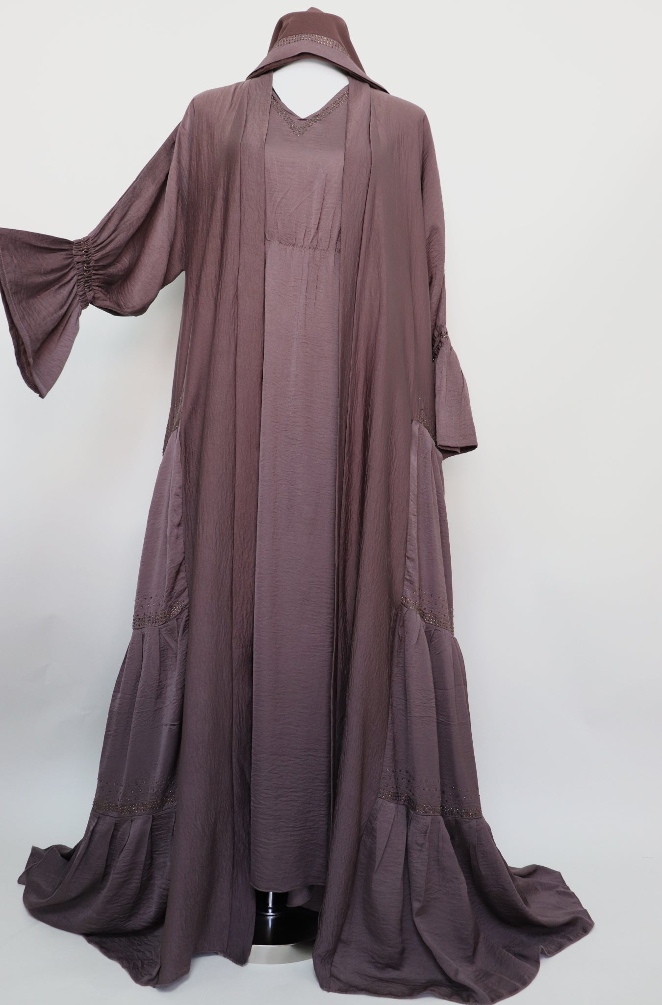 3 Piece Set Open Tiered Abaya - Cocoa