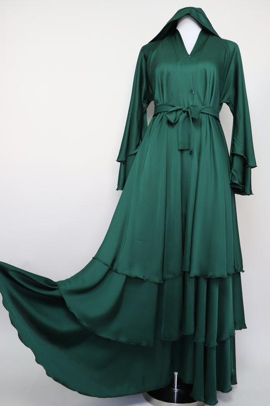3 Layer Open Flare Satin Abaya - Emerald