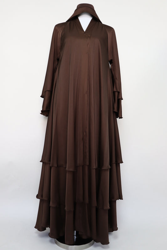 3 Layer Open Flare Satin Abaya - Choco Brown