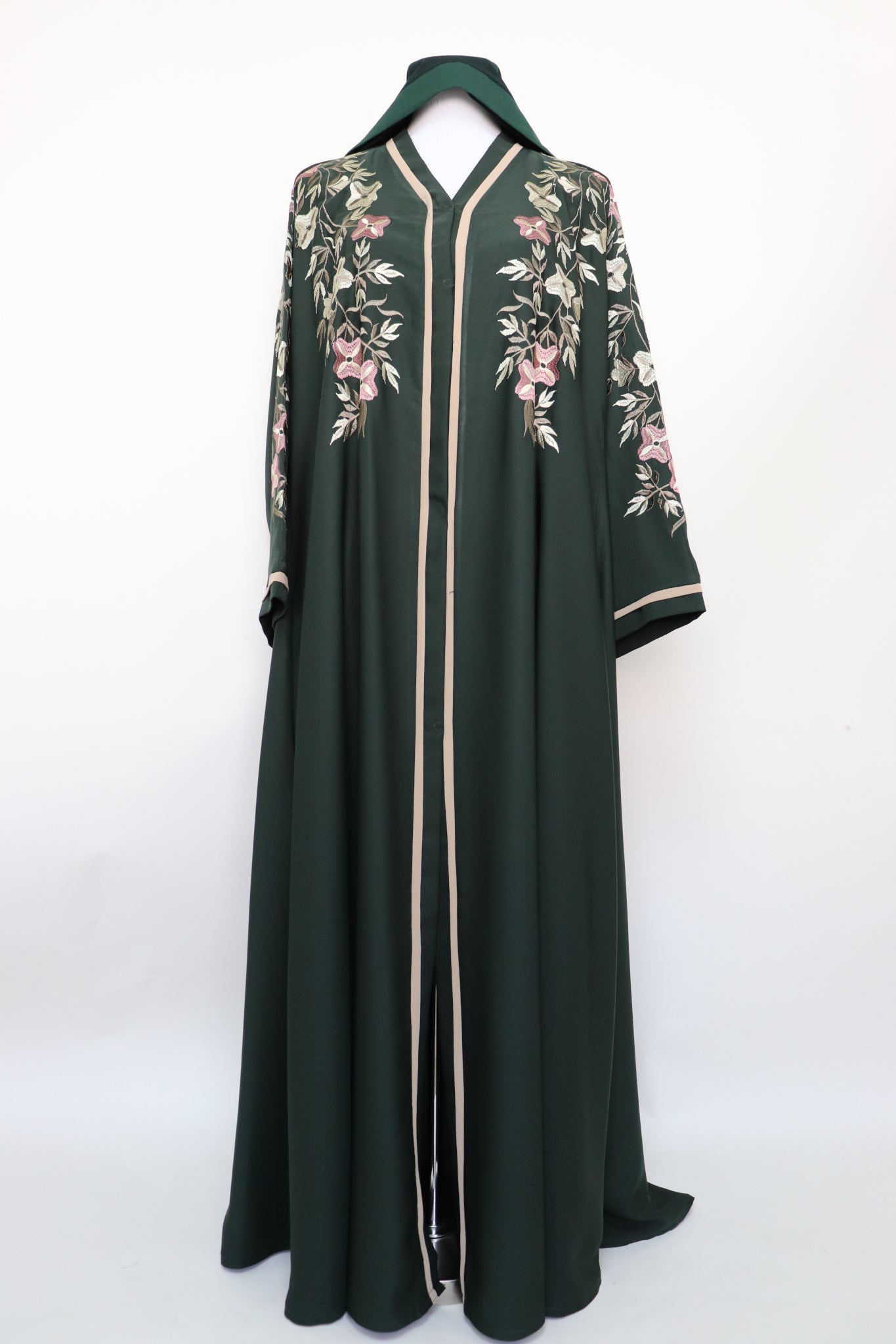 Open Semi Flare Embroidery Abaya - Deep Forest