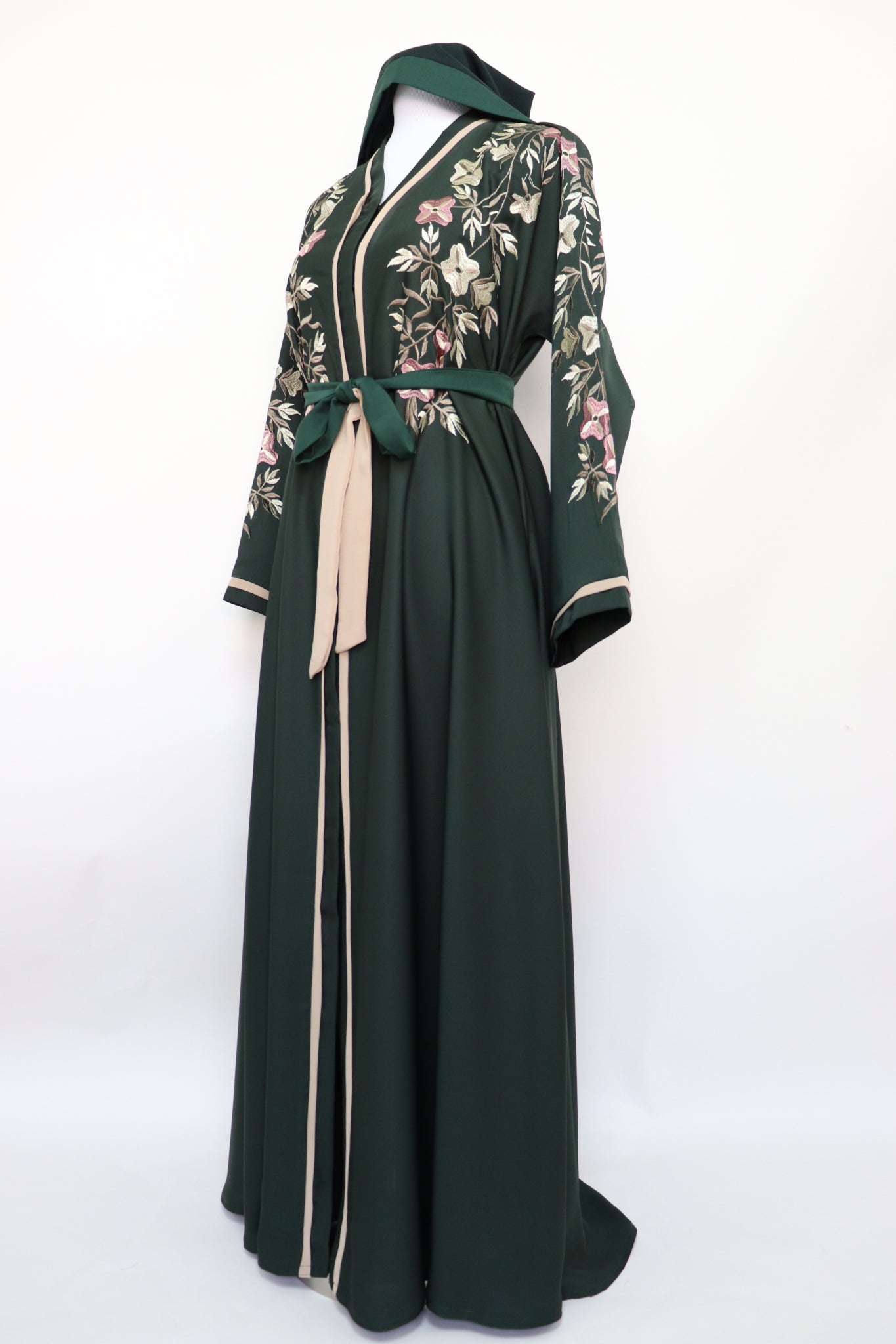 Open Semi Flare Embroidery Abaya - Deep Forest