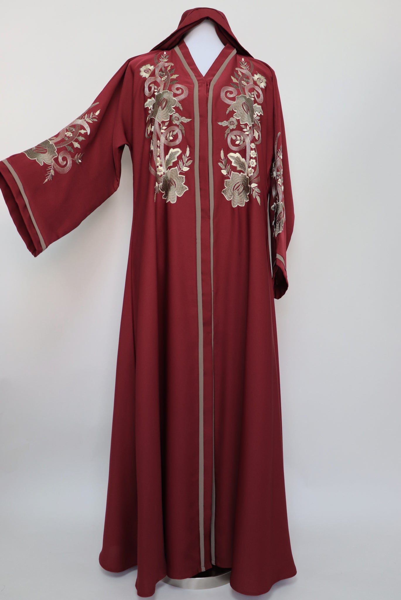Open Semi Flare Embroidery Abaya - Deep Red