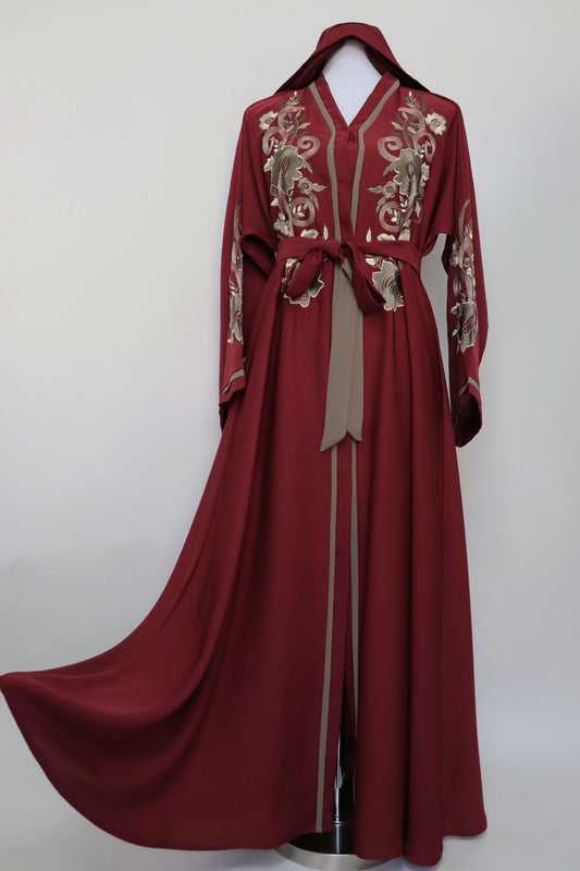 Open Semi Flare Embroidery Abaya - Deep Red