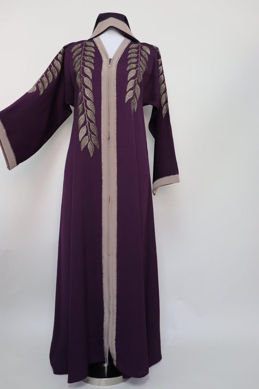 Full Zip Embroidery Abaya - Dark Purple